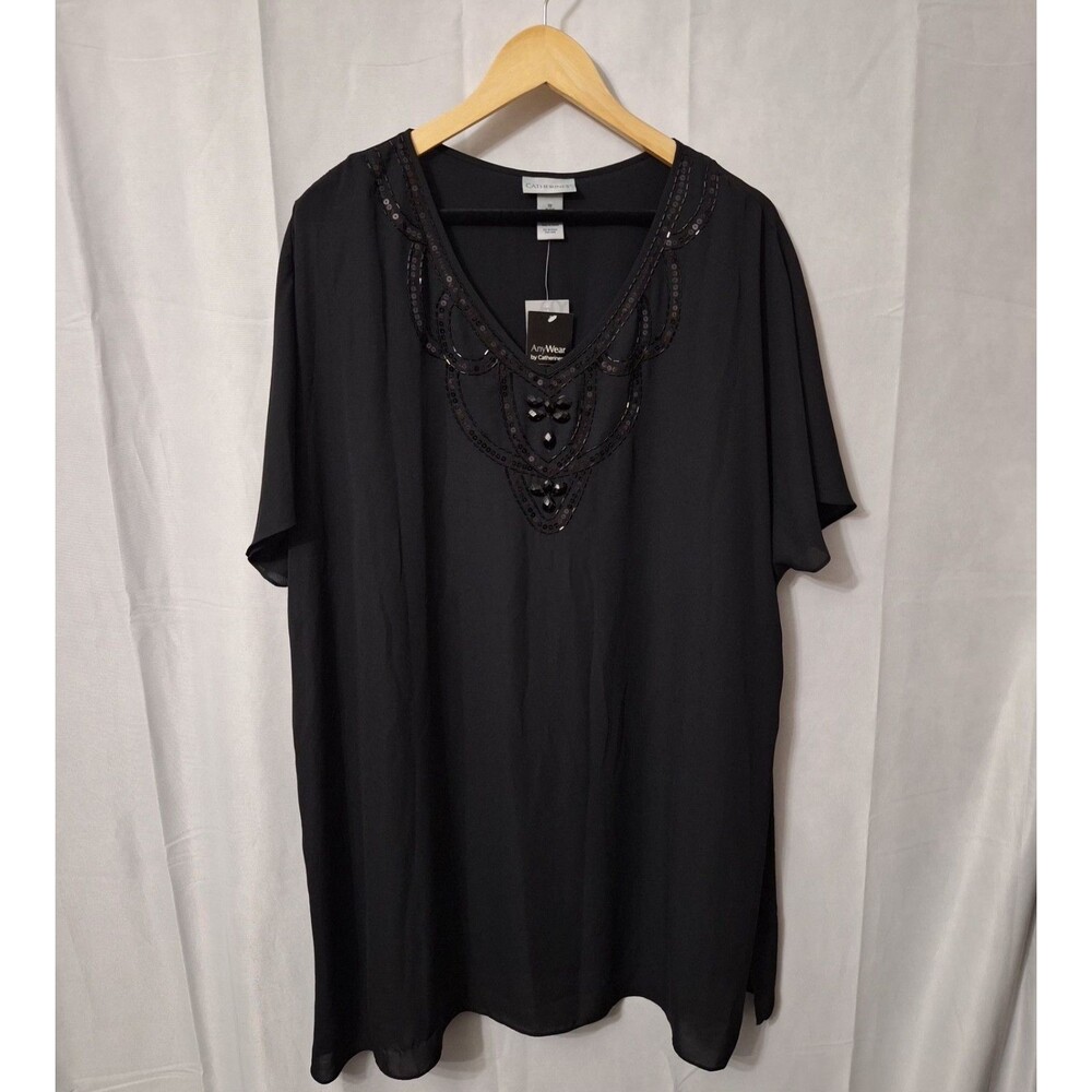 NEW Catherine's Any Wear Blouse Sz 1X Black Tunic Chiffon Sequins Beaded Fairy